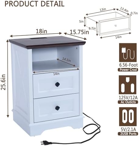 Farmhouse 2 Drawers Dresser for Bedroom,Small Dresser with Charging Station - Image 2