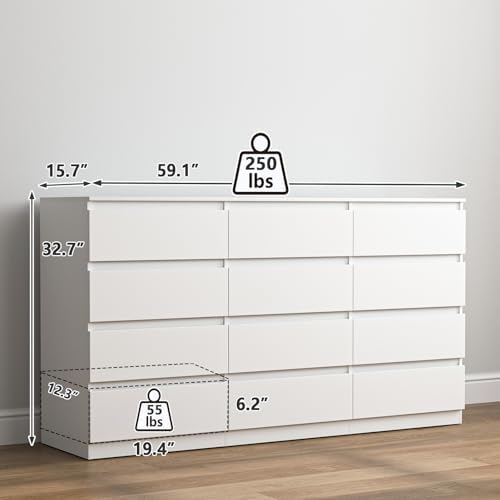 Vibe & Dine 12 Drawer Dresser, 59.1" Large Dresser for Bedroom Free Handle, Modern Wooden Chest of Drawers with Wide Storage for Living Room, White - Image 3