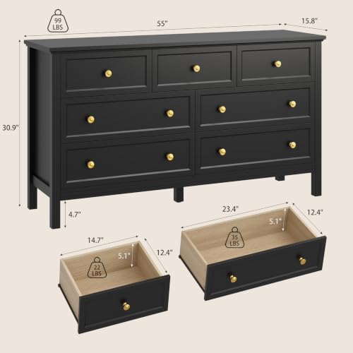 CARPETNAL 55" Black Dresser for Bedroom with 7 Drawers & Modern Gold Handle - Image 3