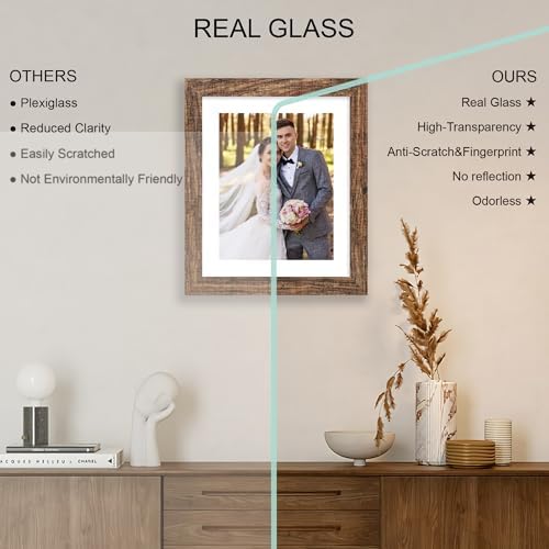 Hongkee 9x11 Picture Frame Set of 4, Made of Real Glass and Rustic Brown Frame - Display Picture 7x9 with Mat or 9x11 Without Mat, 9 by 11 Photo for Wall or Tabletop - Image 4