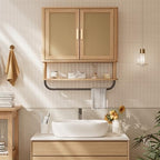 INNOD Rattan Bathroom Wall Cabinet with Towel Bar, Wall-Mounted Medicine Cabinet with Adjustable Wood Shelf & Doors, Over the Toilet Storage Cabinet for Laundry Room & Kitchen & Living Room - Image 6