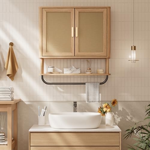 INNOD Rattan Bathroom Wall Cabinet with Towel Bar, Wall-Mounted Medicine Cabinet with Adjustable Wood Shelf & Doors, Over the Toilet Storage Cabinet for Laundry Room & Kitchen & Living Room - Image 6