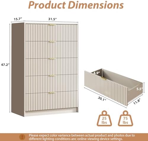 MAISONARIA 5 Drawer Dresser for Bedroom, Tall Dresser Chest of Drawers with Gold Handles, 32 Inch Wide Nightstand with for Bedroom, Living Rooms, Offices, and Entryways, Beige - Image 2
