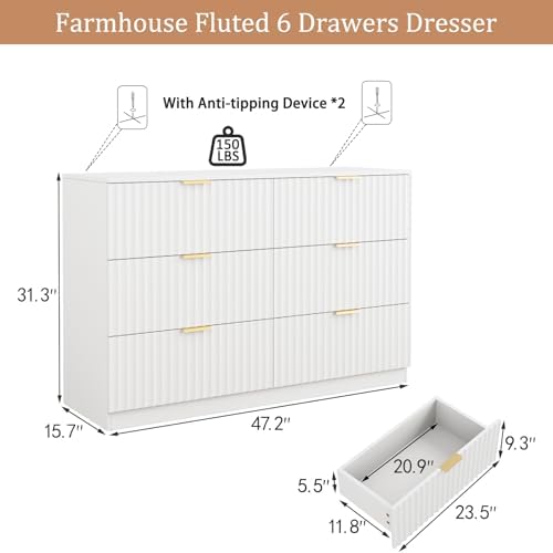 47.2" Wide Fluted 6 Drawer Dresser for Bedroom, White - Image 2