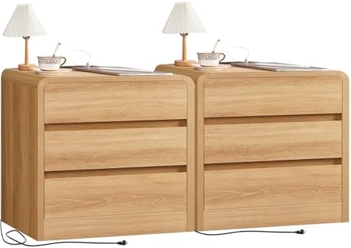 TEENFON Nightstands Set of 2, Night Stand with 3 Storage Drawer and Charging Station, Modern End Tables Wide Night Stands for Bedroom Sofa Couch Home Office, Natural by TEENFON
