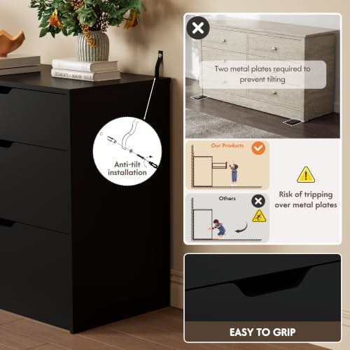 YESHOMY Black Dresser for Bedroom, 47.2" Modern Wood Chest with 6 Drawers - Image 4