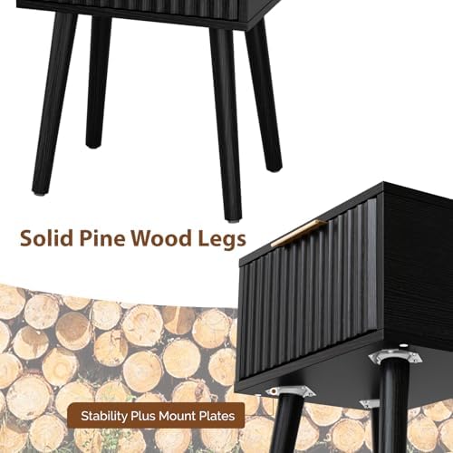 VINGLI Night Stand Set 2, Fluted Nightstands with Drawer, Mid Century Modern Nightstands Set of 2, Bedside Table, End Table, Wood Nightstand for Bedroom, Black, 15.75" W*11.81" D*21.85" H - Image 6