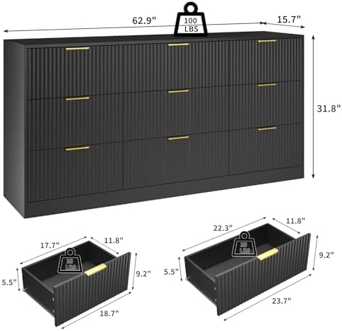 Black Dresser with 9 Drawer 63" Wide Fluted Dresser for Bedroom丨Long Dresser Modern Chest of Drawers with Gold Handle, Wood TV Stand Storage Organizer for Bedroom, Living Room, Black - Image 2