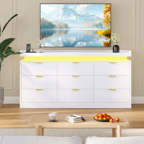 knoworld 9 Drawer Dresser for Bedroom, White Dresser with LED Lights and Power Outlet, Large Wooden Dressers Modern Chest of Drawers, Triple Wide 9 Drawer Dressers for Bedroom, Entryway, Hallway - Image 6