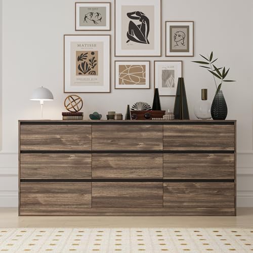 Bobve 70.9” Dresser for Bedroom with 9 Drawers, Large Modern Chest of Drawers Handle Free, Long Wooden Dressers Storage Organizer, Wide Double Dresser for Bedroom, Living Room, Hallway (Walnut) - Image 4