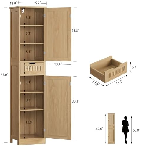 Iwell Tall Narrow Storage Cabinet with 1 Drawer and 2 Doors, Fluted Cabinet with Adjustable Shelves, Rattan Kitchen Cabinet for Bathroom, Living Room, Kitchen, Natural Oak - Image 3