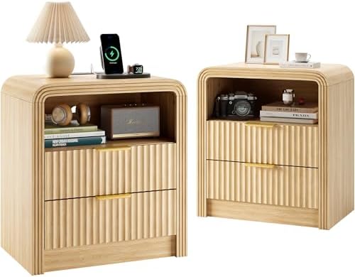Decofy Fluted Nightstand Set of 2 with Charging Station, 2 Drawers, Oak by Decofy