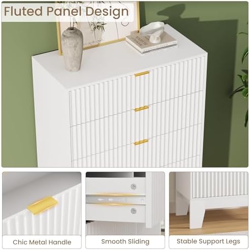 5 Drawer Dresser for Bedroom, 47" Tall Fluted Chest of Drawers, White - Image 4