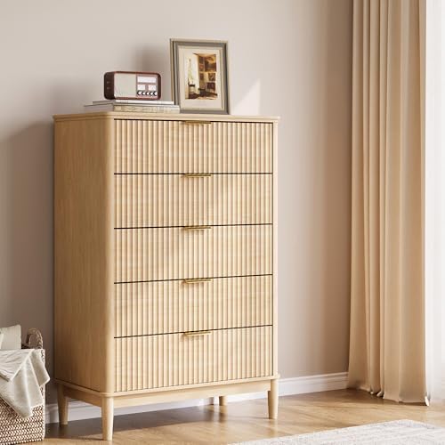 LINSY Fluted 5 Drawer Dresser for Bedroom, 46" Tall Mid-Century Modern Chest of Drawers, Deep Storage Dresser with Curved Corner Design, Large Accent Wood Cabinet for Bedroom, Oak by Linsy