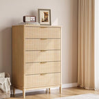 LINSY Fluted 5 Drawer Dresser for Bedroom, 46" Tall Mid-Century Modern Chest of Drawers, Deep Storage Dresser with Curved Corner Design, Large Accent Wood Cabinet for Bedroom, Oak by Linsy