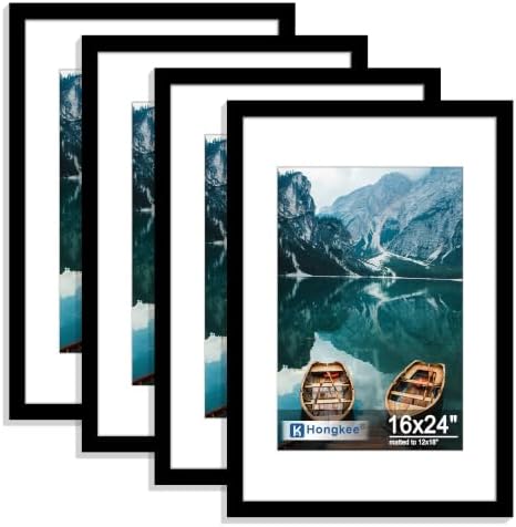 Hongkee 16x24 Frame Set of 4, 16 x 24 Black Wood Style(Mat 12x18) by Hongkee