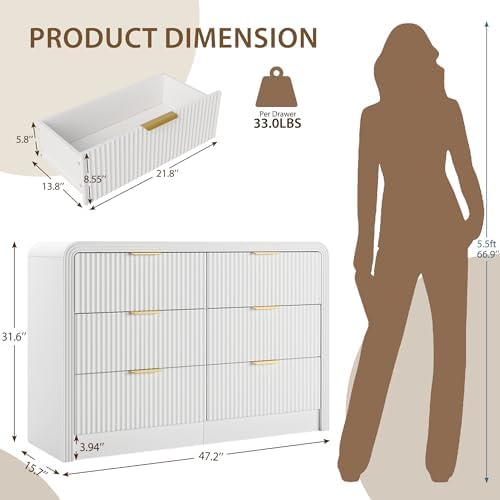 Decofy 47" H Fluted 6-Drawer Dresser for Bedroom, Pure White - Image 2