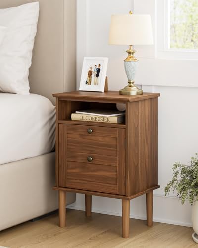 Nightstand, Boho Night Stand with 1 Drawer, Modern Side Accent Table with Open Shelf, Wooden Top Bedside End Table for Bedroom, Living Room, Walnut - Image 3