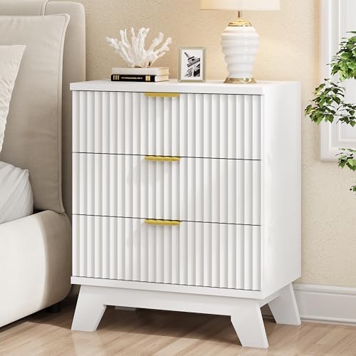 Xixini Fluted Nightstand with 3 Drawers, 24" Wide Side Table, White by Xixini