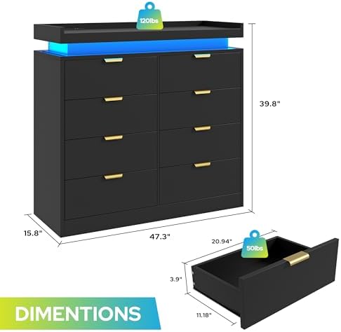 knoworld 8 Drawer Dresser for Bedroom, Black Dresser with LED Lights and Power Outlet, Large Wooden Dressers Modern Chest of Drawers, Double Wide 9 Drawer Dressers for Bedroom, Entryway, Hallway - Image 2