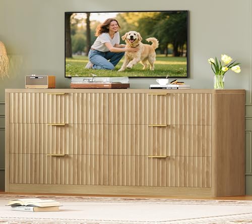 TEENFON 56.3'' Dresser for Bedroom with 6 Drawers, Dressers & Chest of Drawers with Curved Profile Design, 6 Drawer Dresser, Fluted Dressers, Wood Dressers for Bedroom, Living Room, Natural - Image 6