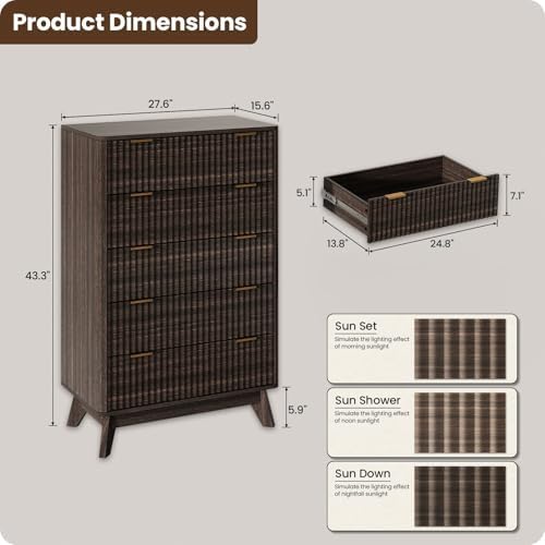 43" Hight Fluted 5 Drawers Dresser for Bedroom,Curved Edge,Walnut - Image 2