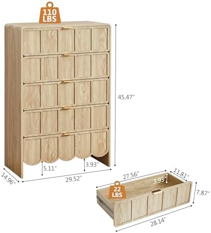 ORRD 5 Drawer Dresser for Bedroom Set of 2, Modern Closet Chest of Drawers with Wave Fluted Drawer, Wood Storage Small Dresser Organizer for Nursery Bedroom Living Room Hallway Closet (Natural) - Image 2