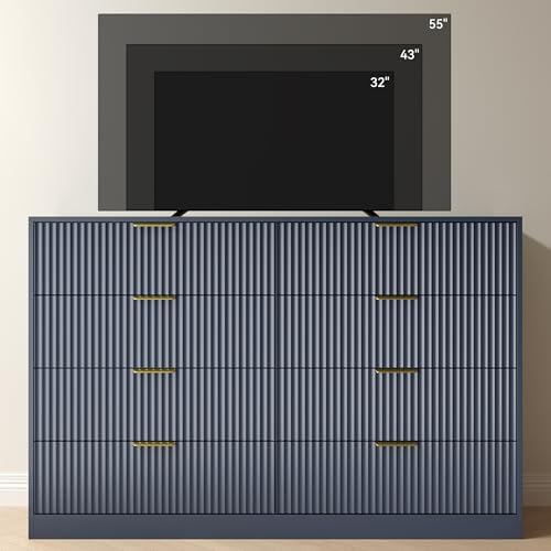 Blue Fluted Dresser Bedroom with 8 Drawer,55” Wide White Double Drawer Dresser Modern Chest of Drawers with Gold Handles,Wood TV Stand for Bedroom,Living Room (Blue, 8 Drawer Dresser) - Image 7