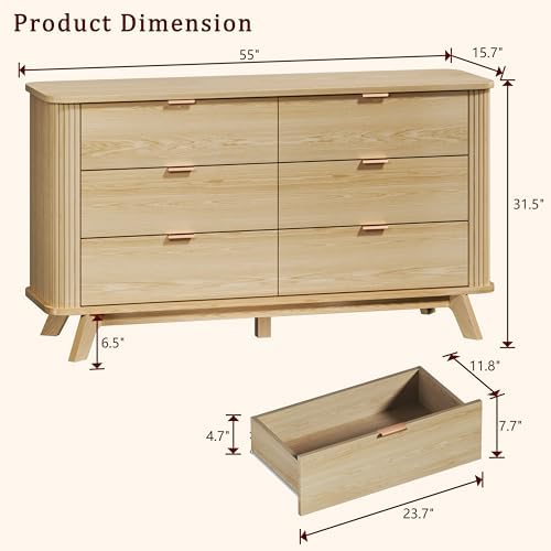 HUAHUU Fluted 6 Drawers Dresser for Bedroom, 55" Mid Century Modern Dresser & Chests of Drawers, Curved Profile Design, TV Stand, Wood Storage Organizer for Living Room, Entryway, Hallway, Oak - Image 2