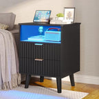 VIAGDO Fluted Nightstand Set of 2 with Charging Station and LED Lights, Modern Night Stand Set 2 with 2 Drawers and Open Storage Cabinet, Bed Side Tables with Gold Metal Handle for Bedroom, Black - Image 6