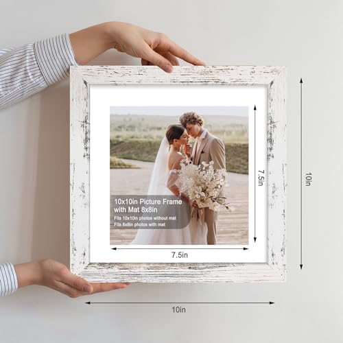 Hongkee 10x10 Picture Frame Set of 4, Made of Glass and Distressed White Wooden Frame - Display Picture 8x8 with Mat or 10 x 10 Without Mat, 10 by 10 Photo for Wall or Tabletop - Image 2