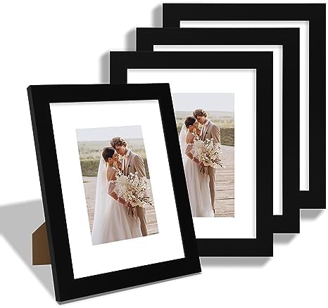 Hongkee 8x10 Picture Frame Set of 4, Made of Real Glass and Black Wooden Frame, 8 by 10 Photo for Wall or Tabletop - Display Picture 5x7 with Mat or 8x10 Without Mat by Hongkee