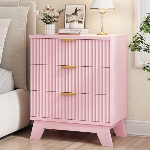 Xixini Fluted Nightstand with 3 Drawers, 24" Wide Side Table, Pink by Xixini