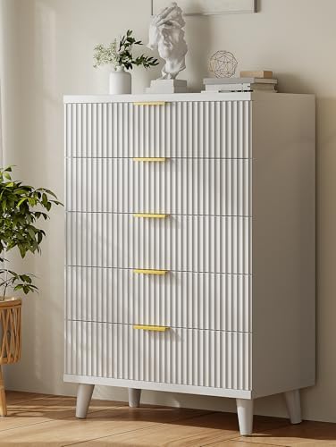 Wood Tall 5 Drawers Dresser, 27.6" W Fluted Modern Dressers for Bedroom by Lulive