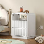BORNOON Dresser with 2 Drawers and Charging Station, Fluted Bedside Table with Round Curved Corner, Hidden Handles, 2 AC Outlets and 2 USB Ports, Modern Wood End Table with Open Shelf for Bedroom by BORNOON