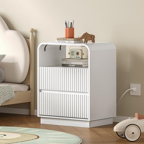 BORNOON Dresser with 2 Drawers and Charging Station, Fluted Bedside Table with Round Curved Corner, Hidden Handles, 2 AC Outlets and 2 USB Ports, Modern Wood End Table with Open Shelf for Bedroom by BORNOON