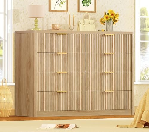 TEENOFN Fluted Dresser for Bedroom with 8 Drawers, 47.2" Wide Modern Chest of Drawers with Metal Handle, Dresser TV Stand, Wood Closet Clothes Storage Organizer for Living Room, Hallway, Natural by TEENFON