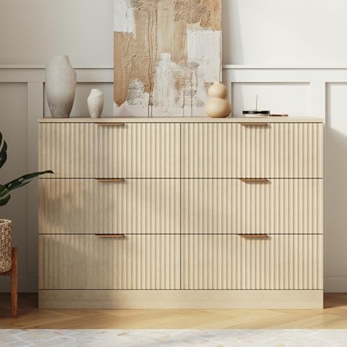 MALOL Modern Fluted 6 Drawer Dresser, Wide Wooden Storage Cabinet with Metal Handles, Silent Glide Drawers, Anti-Tip Chest for Bedroom, Living Room, Natural Wood, 47 Inch - Image 3