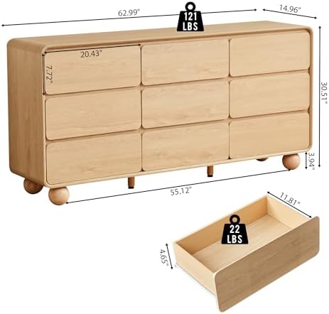 AVZEAR Modern 9 Drawer Dresser for Bedroom, 63" Wide Wooden Dresser Chest of Drawers, Handle Free & Curved Profile Design, Mid Century Closet Clothes Storage Organizer for Living Room, Natural - Image 2