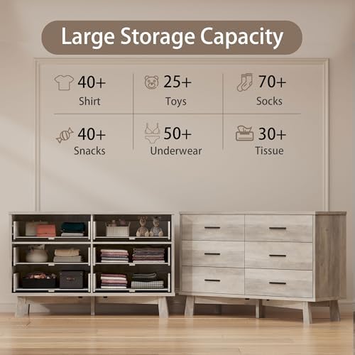 Xixini Dresser for Bedroom, 6 Drawer Wide Modern Chest of Drawers with X-Shaped Sturdy Base, Wood Double Dresser Closet Clothes Storage Organizer, Wooden TV Stand for Living Room, Hallway, Grey - Image 3