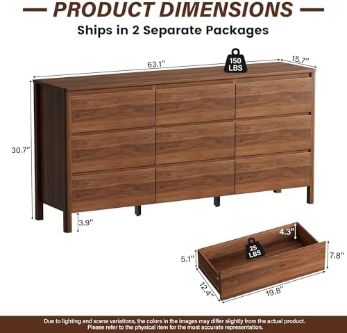 Furniway 63" Mid-Century Modern Dresser for Bedroom, 9 Drawer Wide Chest of Drawers with Wood Legs, Large Storage Bedroom Dresser, Walnut - Image 2