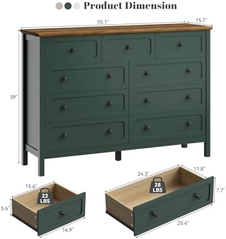 CARPETNAL 55" Green Dresser for Bedroom with 9 Drawer & Deep Drawers - Image 2