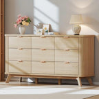 HUAHUU Fluted 9 Drawers Dresser, 60" Mid Century Modern & Chests of Drawers, Curved Profile Design, Dresser TV Stand, for Entryway, Hallway, Bedroom, Oak by HUAHUU