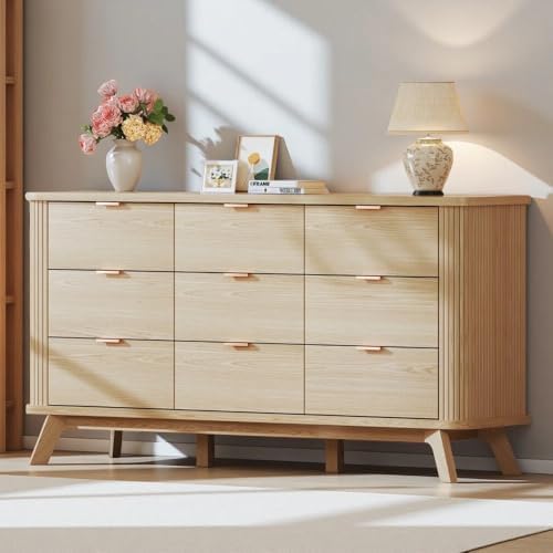 HUAHUU Fluted 9 Drawers Dresser, 60" Mid Century Modern & Chests of Drawers, Curved Profile Design, Dresser TV Stand, for Entryway, Hallway, Bedroom, Oak by HUAHUU