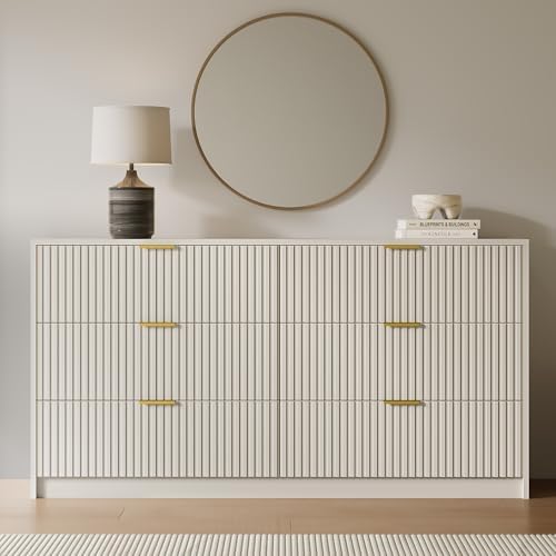 MAISONARIA 6 Drawer Dresser for Bedroom, 55" Wide Modern Chest of Drawers with Gold Metal Handles, Fluted Wood TV Stand for Living Room, Hallway(Beige) - Image 7