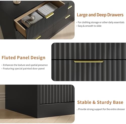 Black Dresser with 8 Drawer 55" Wide Fluted Dresser for Bedroom丨Double Drawer Dresser Modern Chest of Drawers with Gold Handle, Wood TV Stand for Bedroom, Living Room, Entryway, Black - Image 5