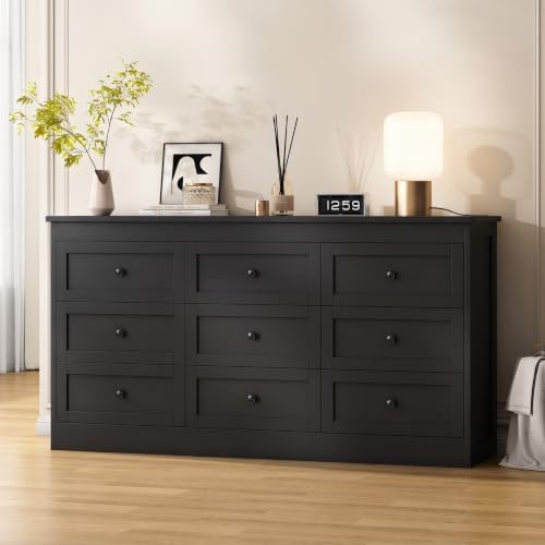 wanan Black 9 Drawer Dresser for Bedroom, Modern 59'' Wide Wood Chest of Drawers, Dresser TV Stand, Storage Organizer with Metal Handles for Living Room, Hallway, Entryway by Wanan