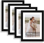 Hongkee 10x14 Picture Frame Set of 4, Made of Glass and Black Wooden Frame, Display 8x12 Pictures with Mat or 30 x 40cm Diamond Painting Art without Mat for Wall Mounting, Gallery Photo Frames by Hongkee