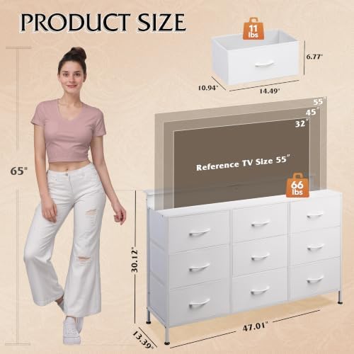 WLIVE White Dresser TV Stand 9 Drawers, Fabric Chest of Drawers LED Lights - Image 3