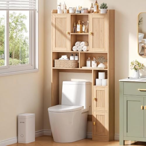Keehusux Fluted Over The Toilet Storage Cabinet with 4 Doors, Natural Oak by Keehusux